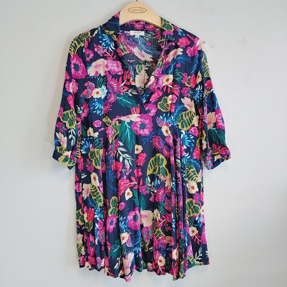 Umgee Floral Tunic Top Mini Dress Sz M Boxy Colorful Summer Vacation Pullover - Picture 1 of 9